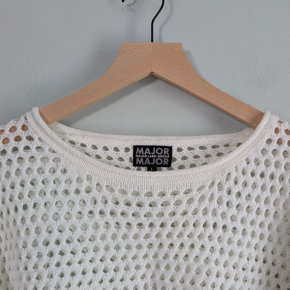Open Knit Sweater L Off White Short Rolled Collar Boho Artsy Preppy Layering - Picture 5 of 9